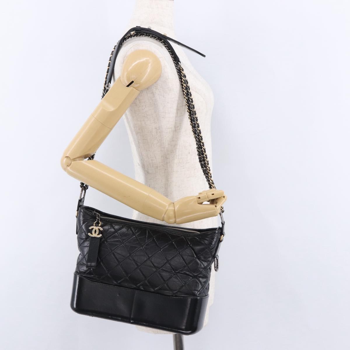 CHANEL Matelasse Gabrielle Deux Bag Lamb Skin Black Gold CC Auth ka5287V