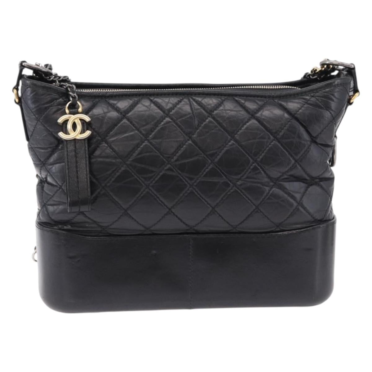 CHANEL Matelasse Gabrielle Deux Bag Lamb Skin Black Gold CC Auth ka5287V