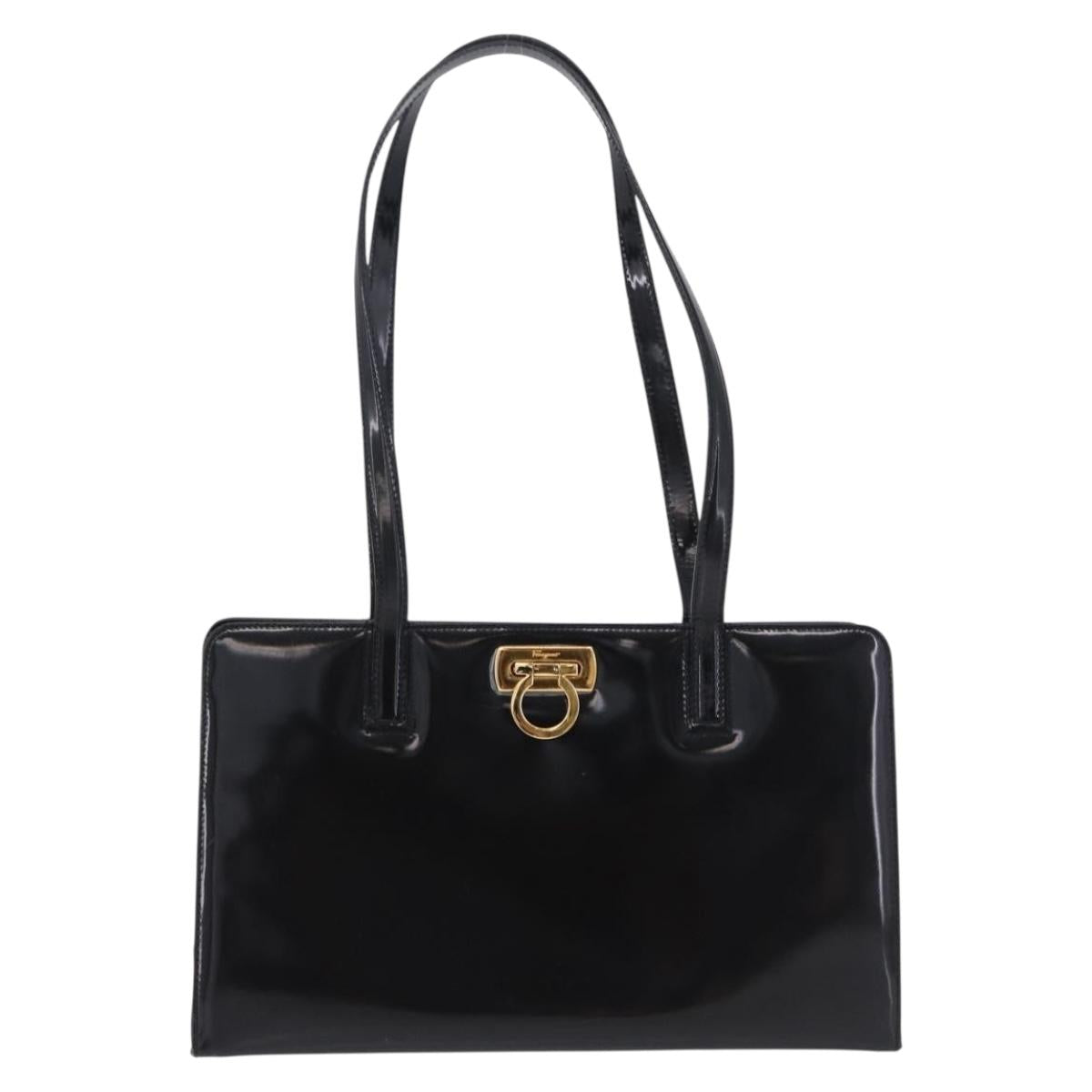 Salvatore Ferragamo Gancini Tote Bag Patent leather Black Gold Auth ka5291A