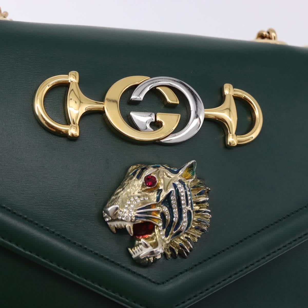 GUCCI Rajah Chain Shoulder Bag Leather Green Gold 537241 Auth ka5294M