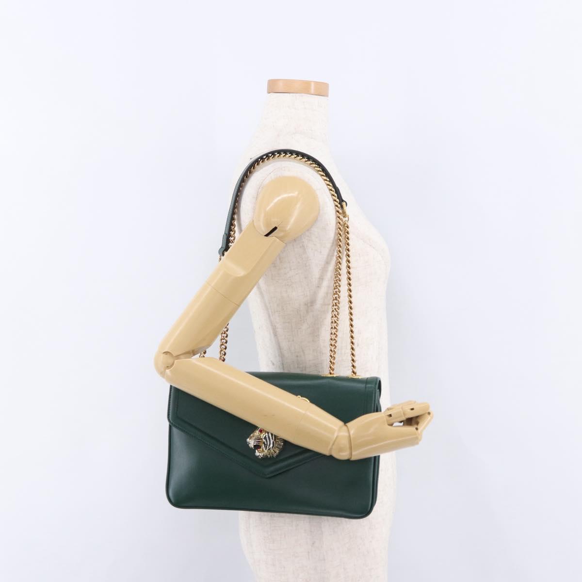 GUCCI Rajah Chain Shoulder Bag Leather Green Gold 537241 Auth ka5294M