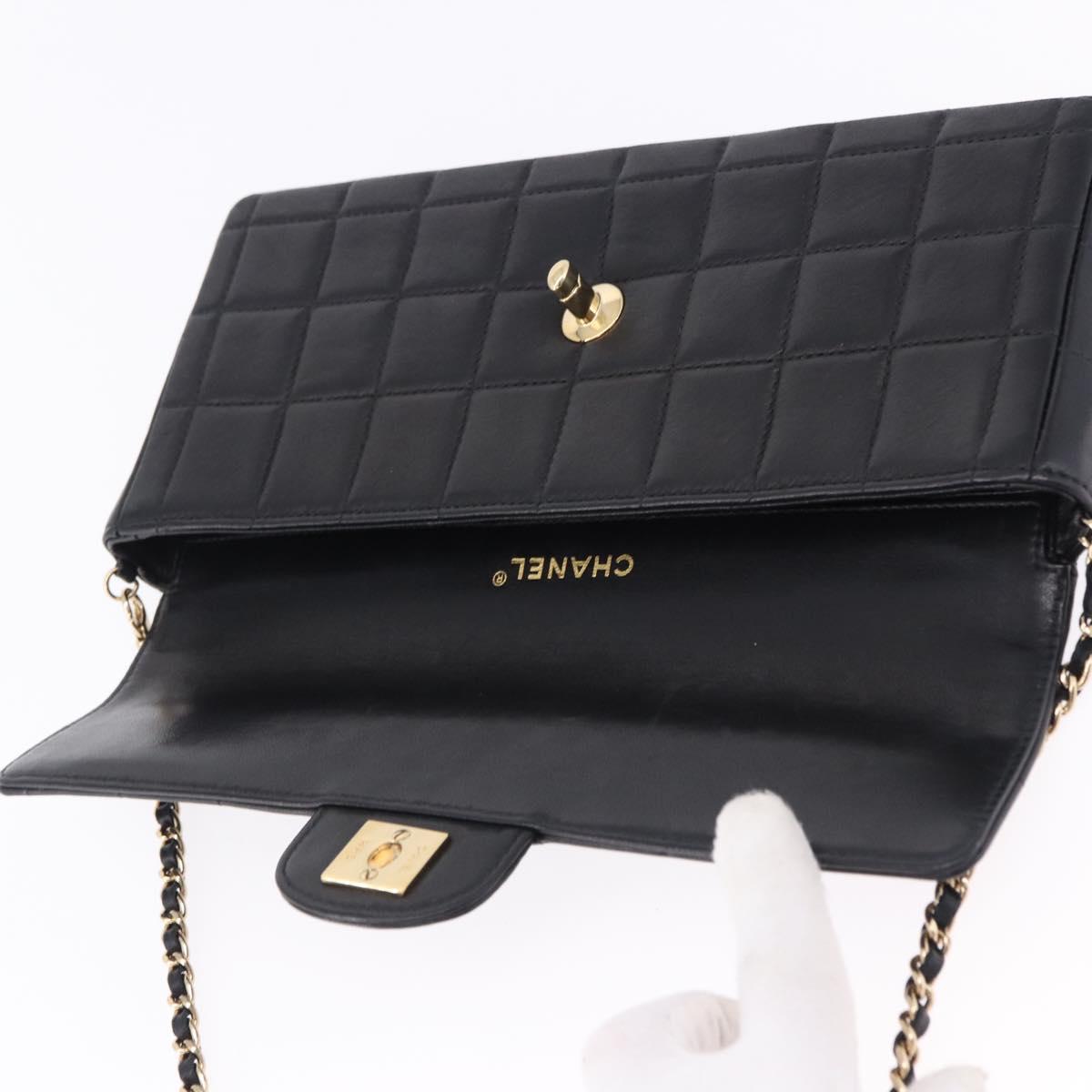 CHANEL Choco Bar Line Chain Shoulder Bag Leather Black Gold CC Auth ka5317V