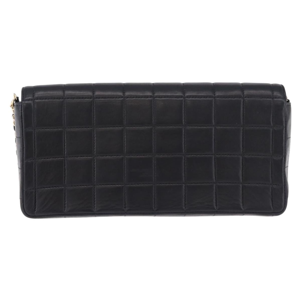 CHANEL Choco Bar Line Chain Shoulder Bag Leather Black Gold CC Auth ka5317V