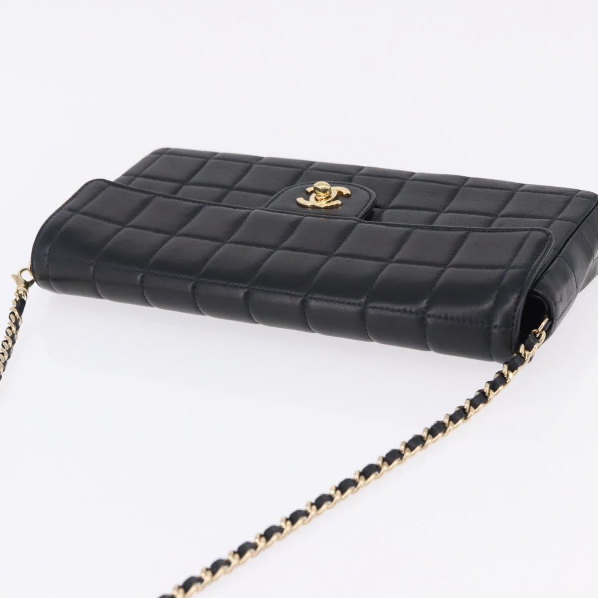 CHANEL Choco Bar Line Chain Shoulder Bag Leather Black Gold CC Auth ka5317V