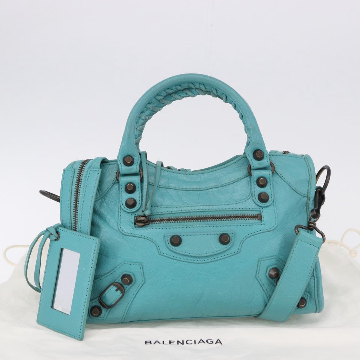 BALENCIAGA Classic Mini City Bag Leather 2way Turquoise Blue 300295 Auth ka5318M
