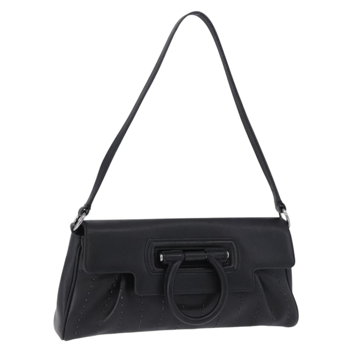 Salvatore Ferragamo Gancini Shoulder Bag Leather Black Silver Auth ka5332V