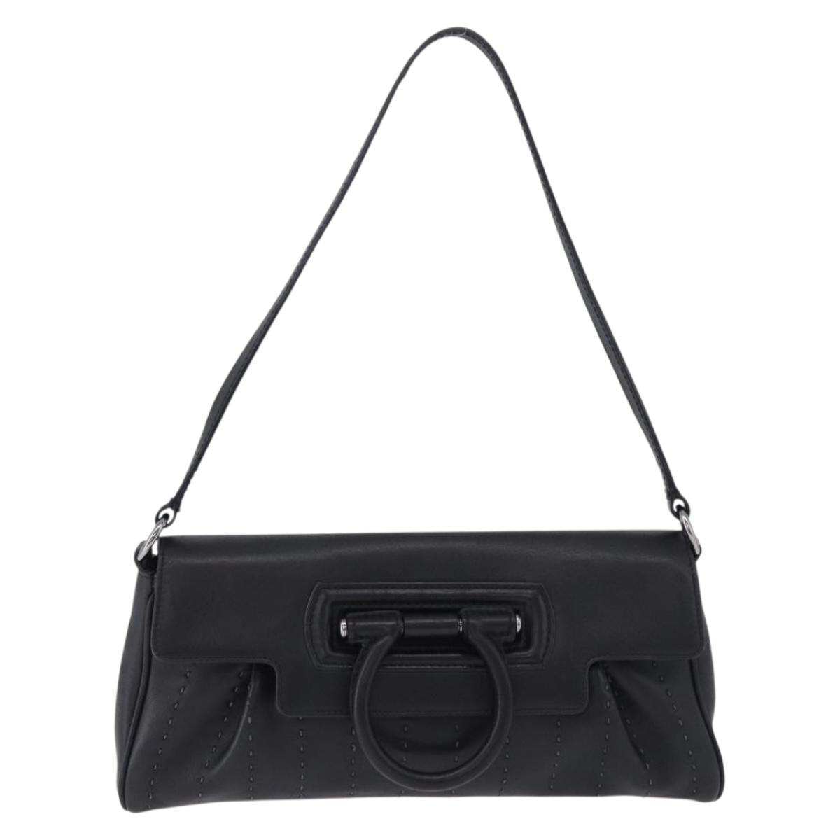 Salvatore Ferragamo Gancini Shoulder Bag Leather Black Silver Auth ka5332V