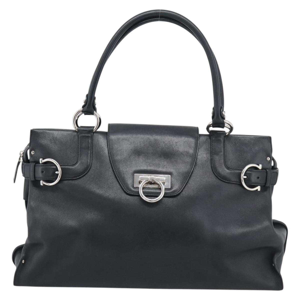 Salvatore Ferragamo Gancini Tote Bag Leather Black Silver Auth ka5338A