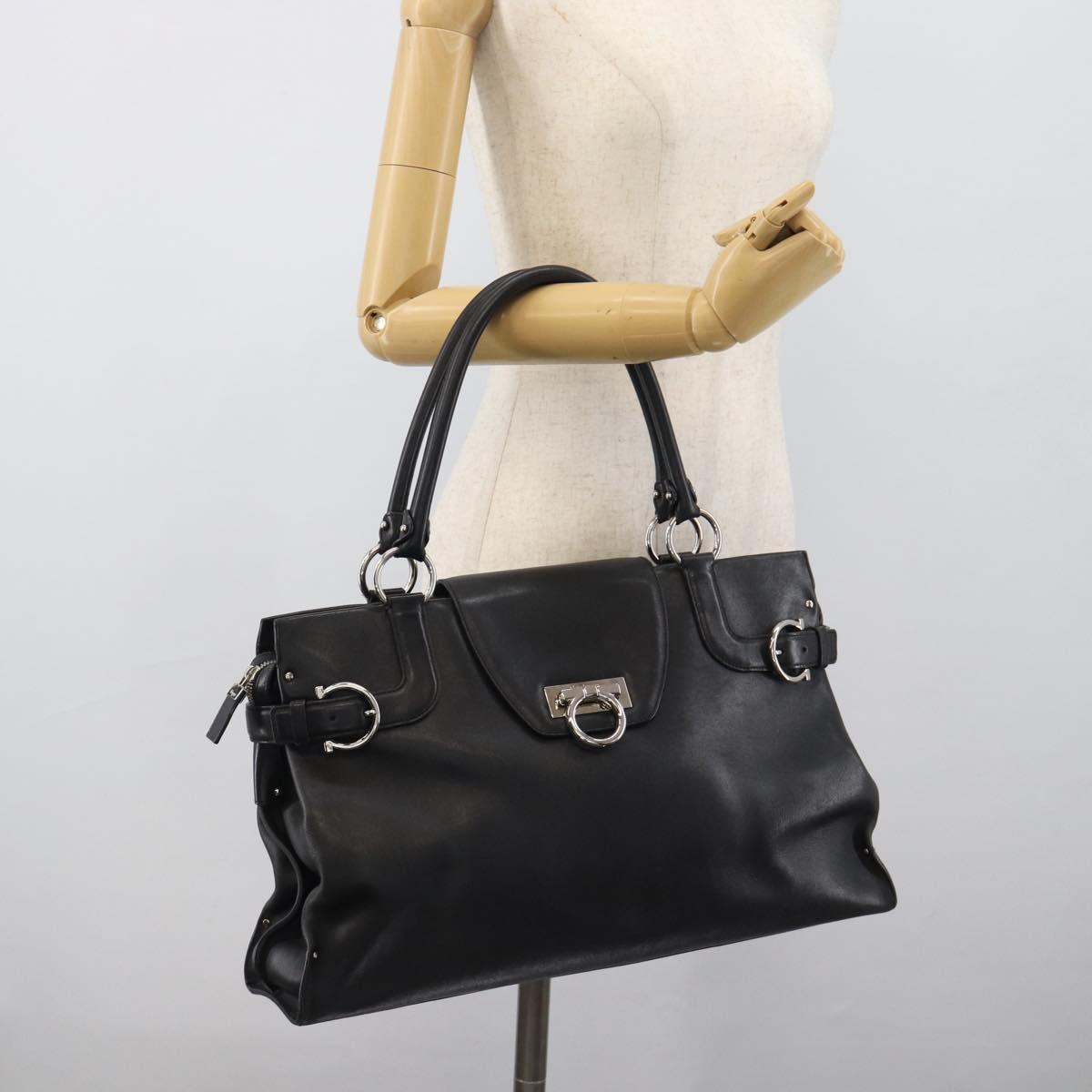 Salvatore Ferragamo Gancini Tote Bag Leather Black Silver Auth ka5338A