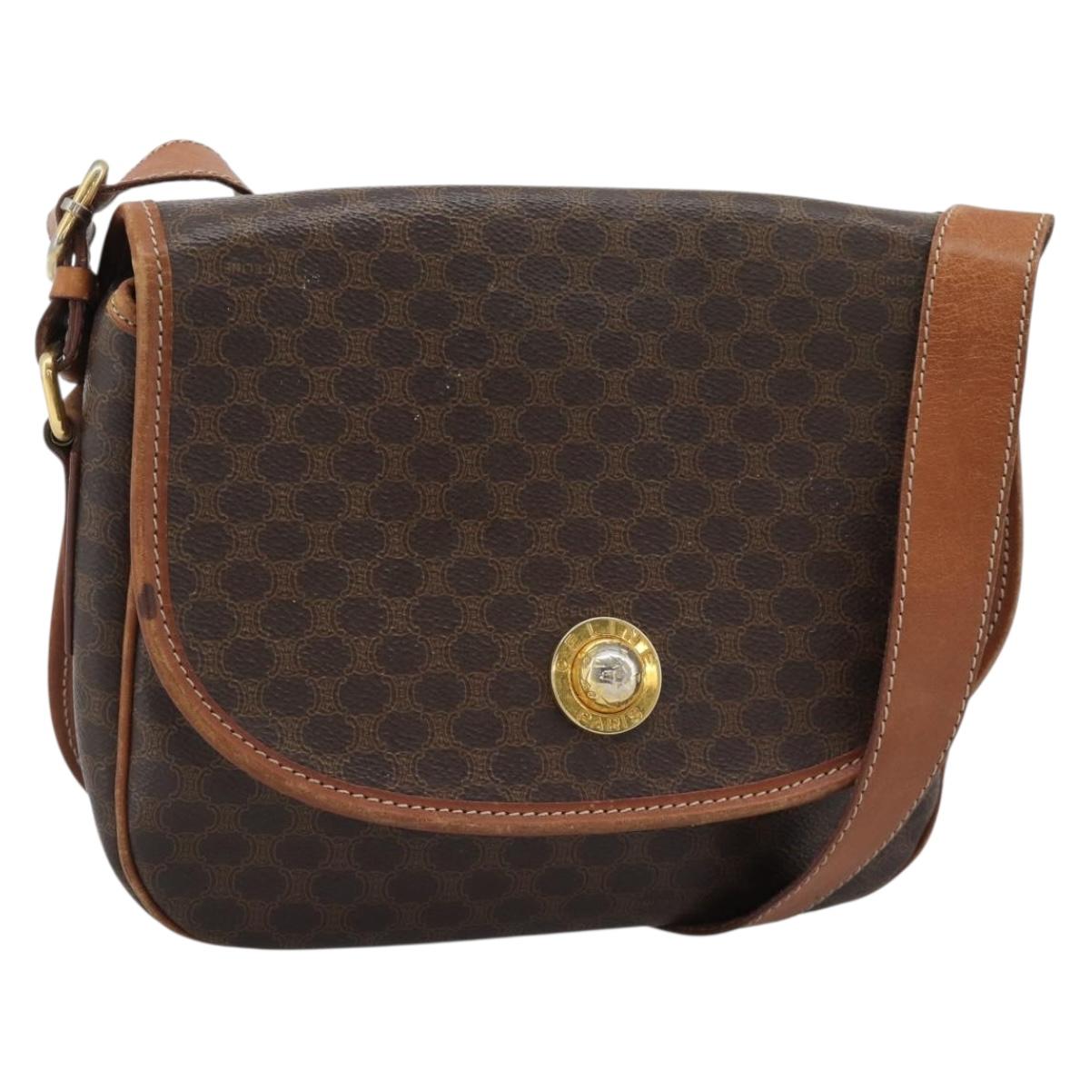 CELINE Macadam Shoulder Bag PVC Leather Brown Gold Tone Auth ka5340