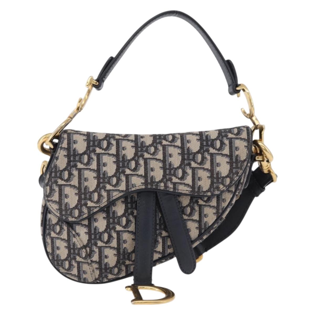 Christian Dior Trotter Saddle Hand Bag 2way Navy Gold Tone Auth ka5351M
