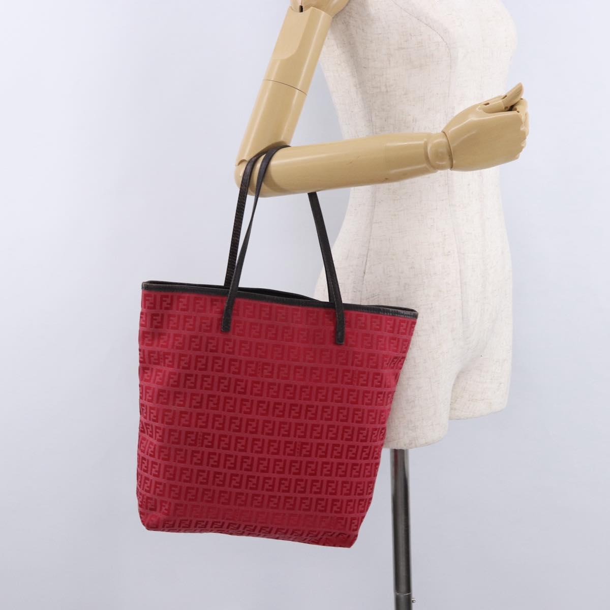 FENDI Zucchino Canvas Tote Bag Red Brown 8BH074 Auth ka5359