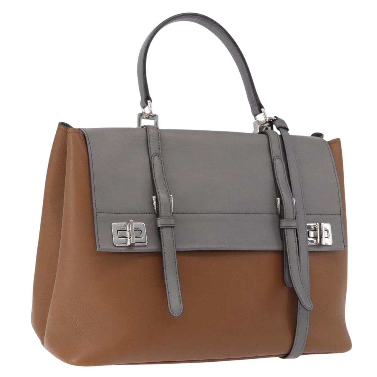 PRADA Hand Bag Leather 2way Brown Silver Auth ka5368V