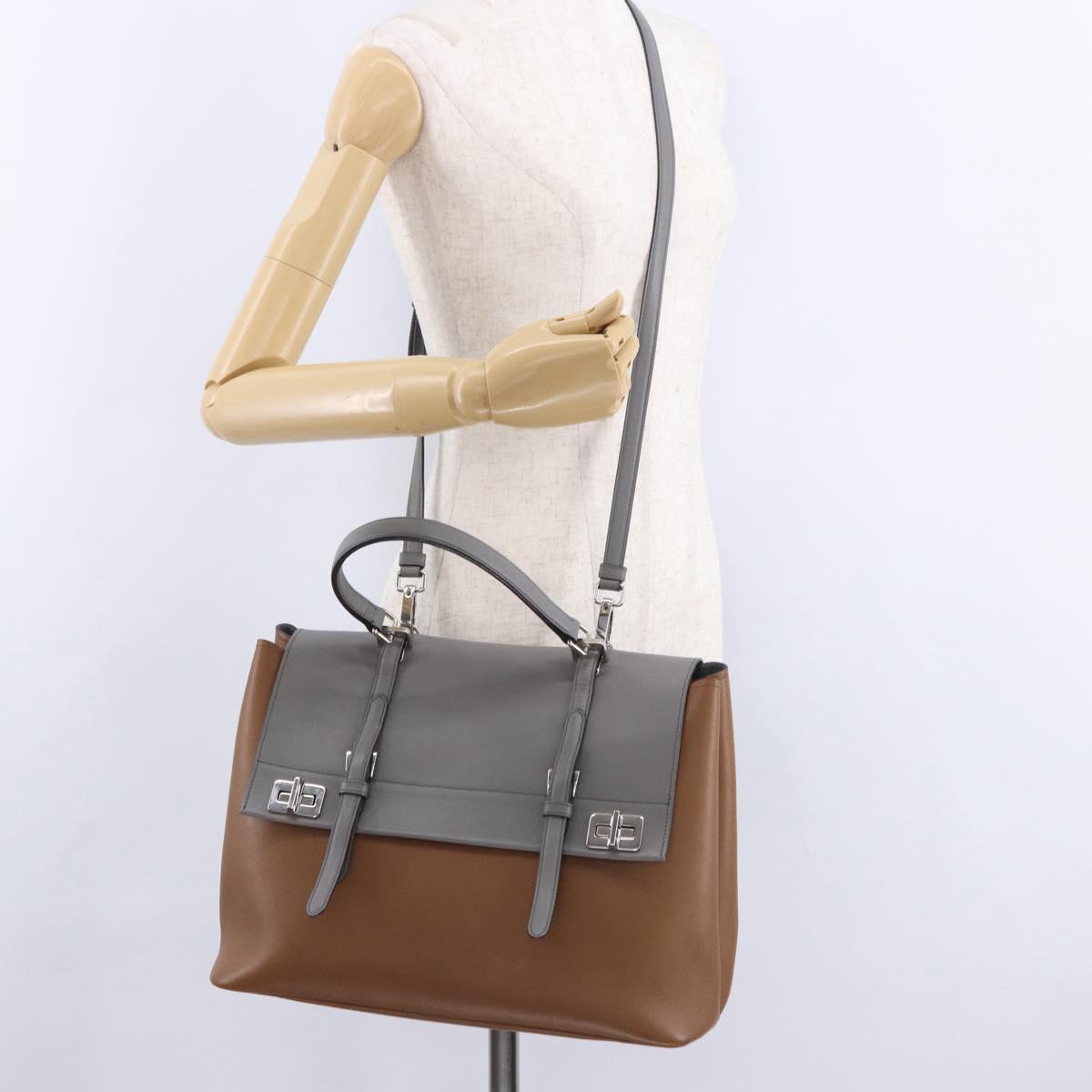 PRADA Hand Bag Leather 2way Brown Silver Auth ka5368V
