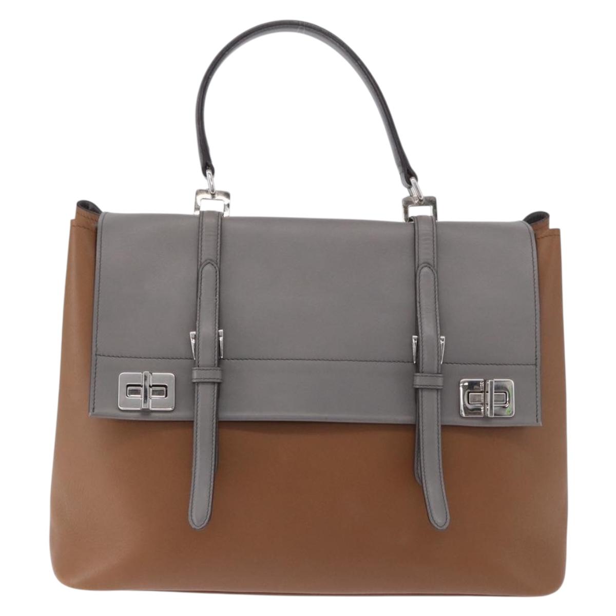 PRADA Hand Bag Leather 2way Brown Silver Auth ka5368V