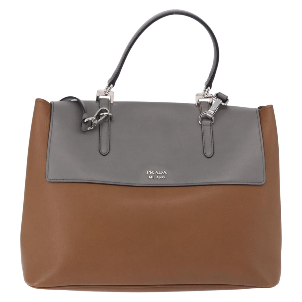 PRADA Hand Bag Leather 2way Brown Silver Auth ka5368V