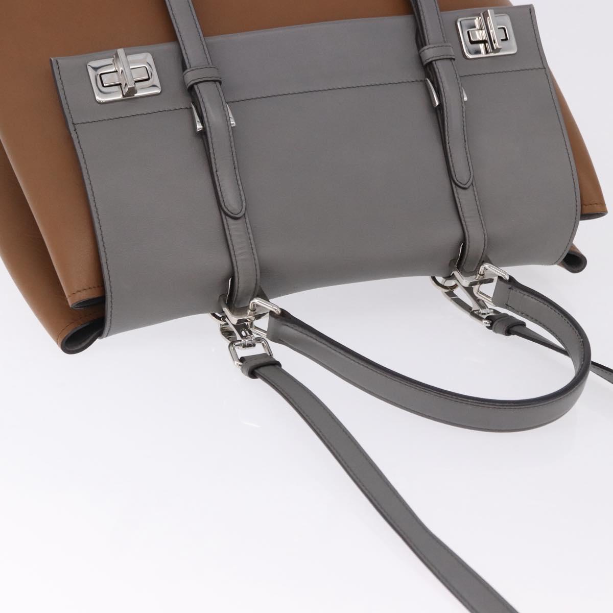 PRADA Hand Bag Leather 2way Brown Silver Auth ka5368V