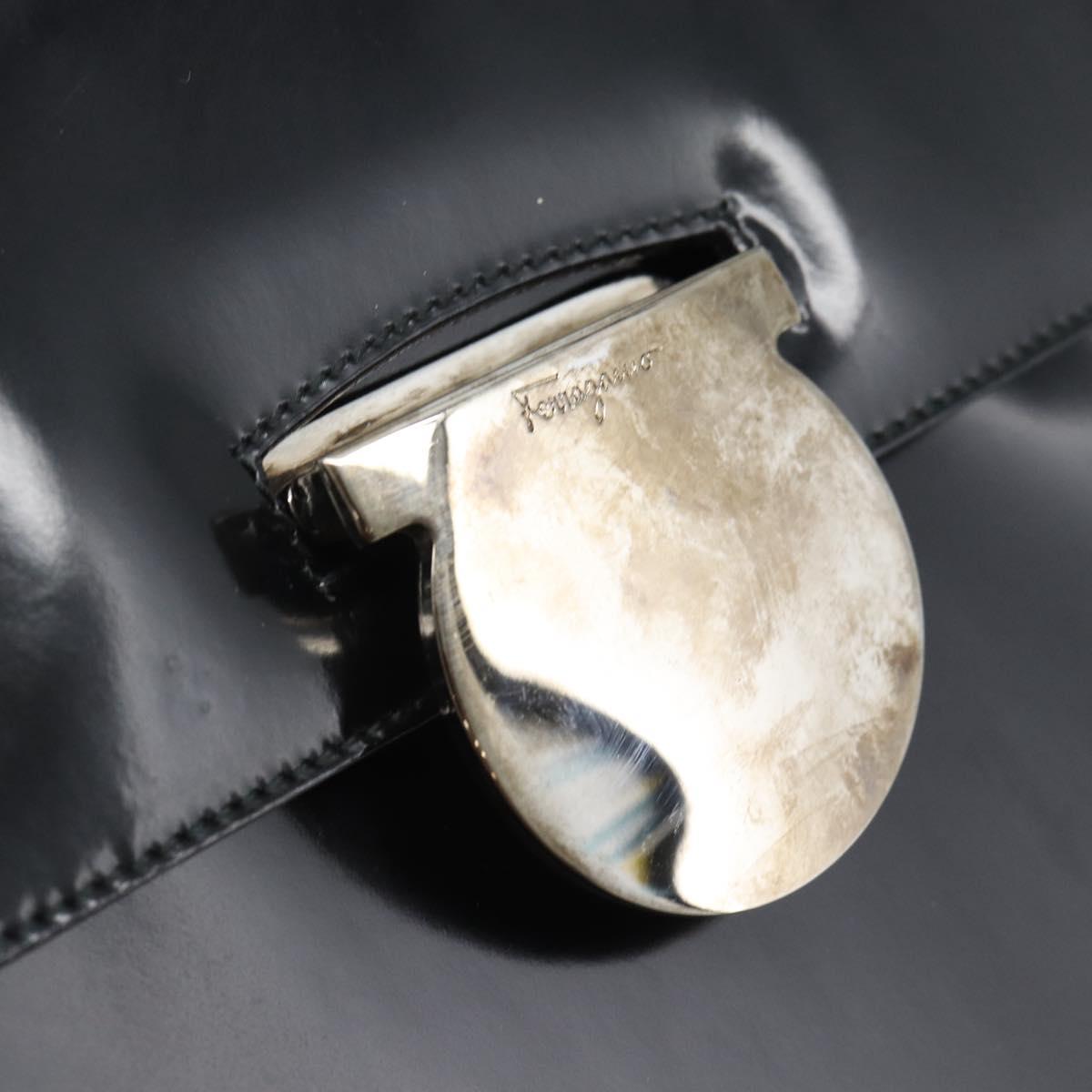 Salvatore Ferragamo Patent Hand Bag Black Silver Auth ka5372