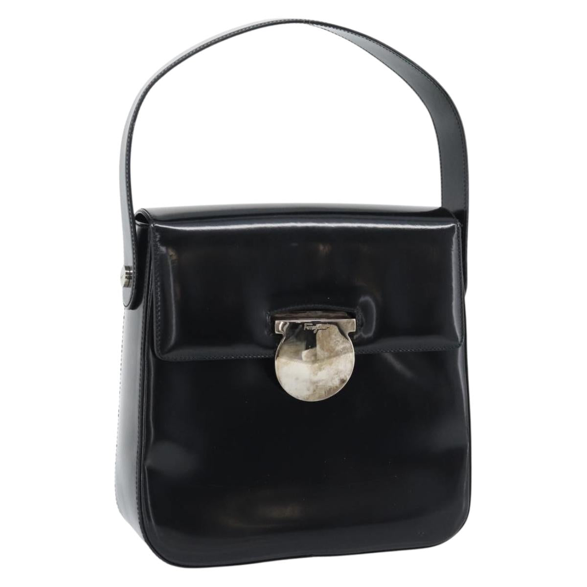 Salvatore Ferragamo Patent Hand Bag Black Silver Auth ka5372