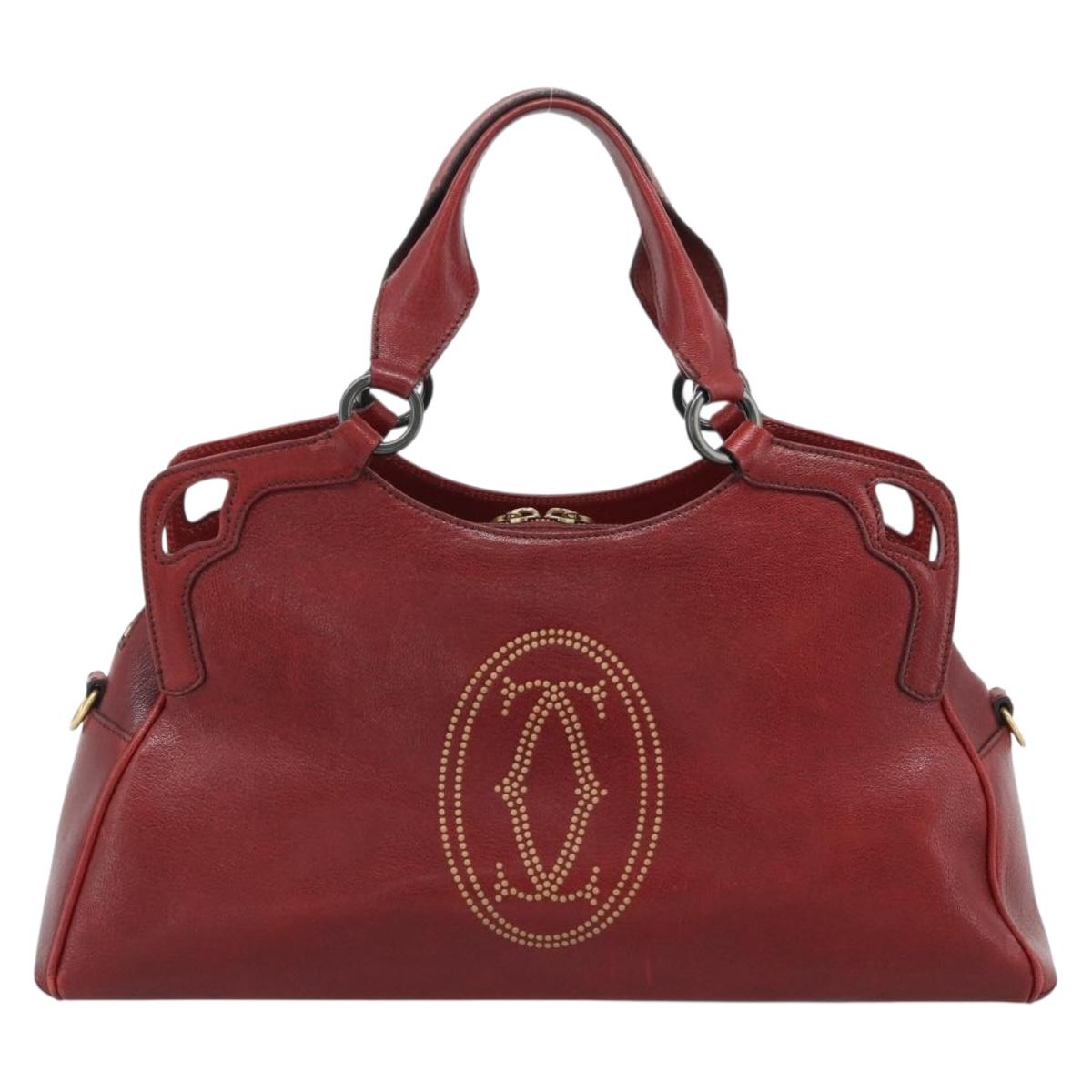 CARTIER Marcello Hand Bag Leather Red Gold Tone Auth ka5383A