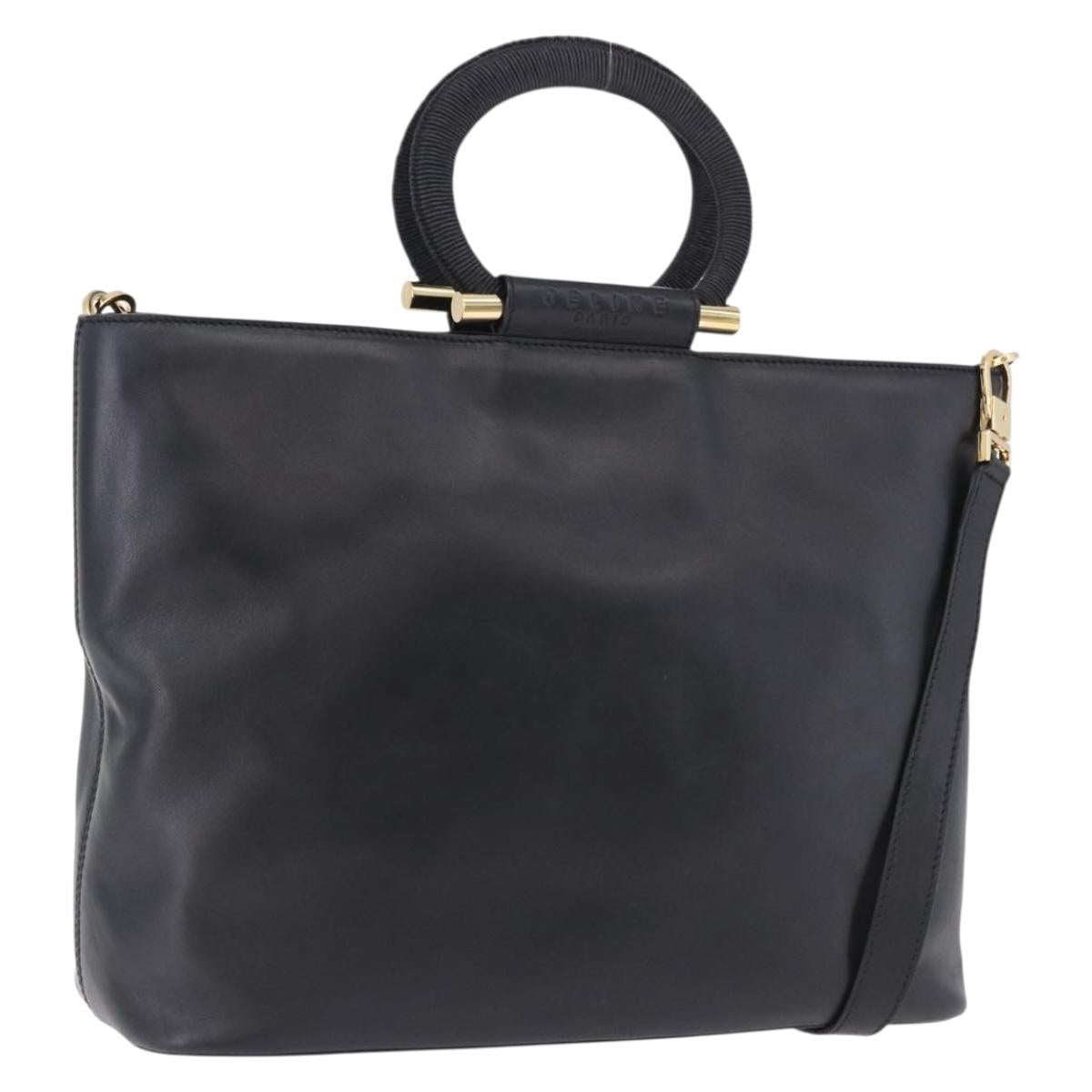 CELINE Hand Bag Leather 2way Black Gold Tone Auth ka5384V