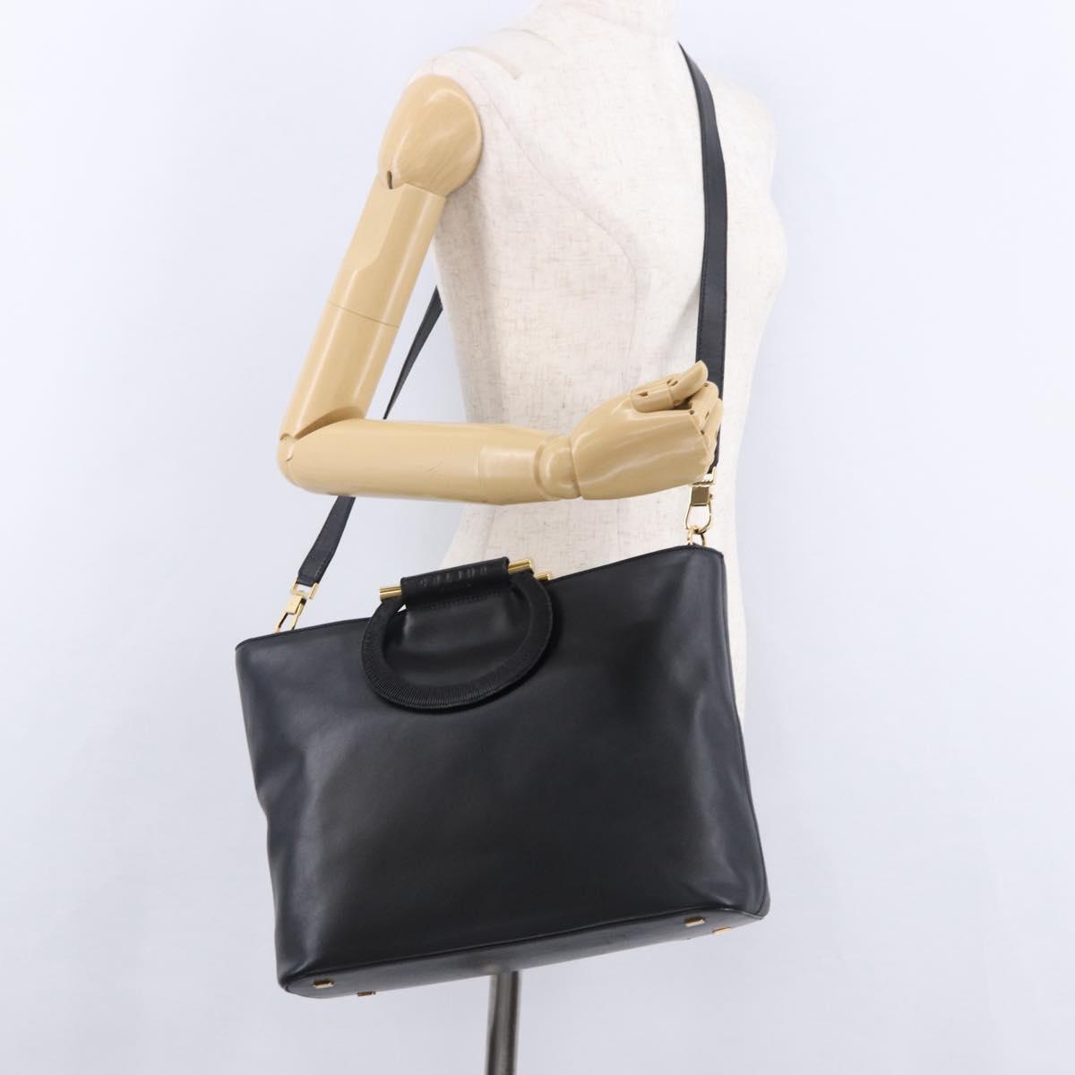 CELINE Hand Bag Leather 2way Black Gold Tone Auth ka5384V