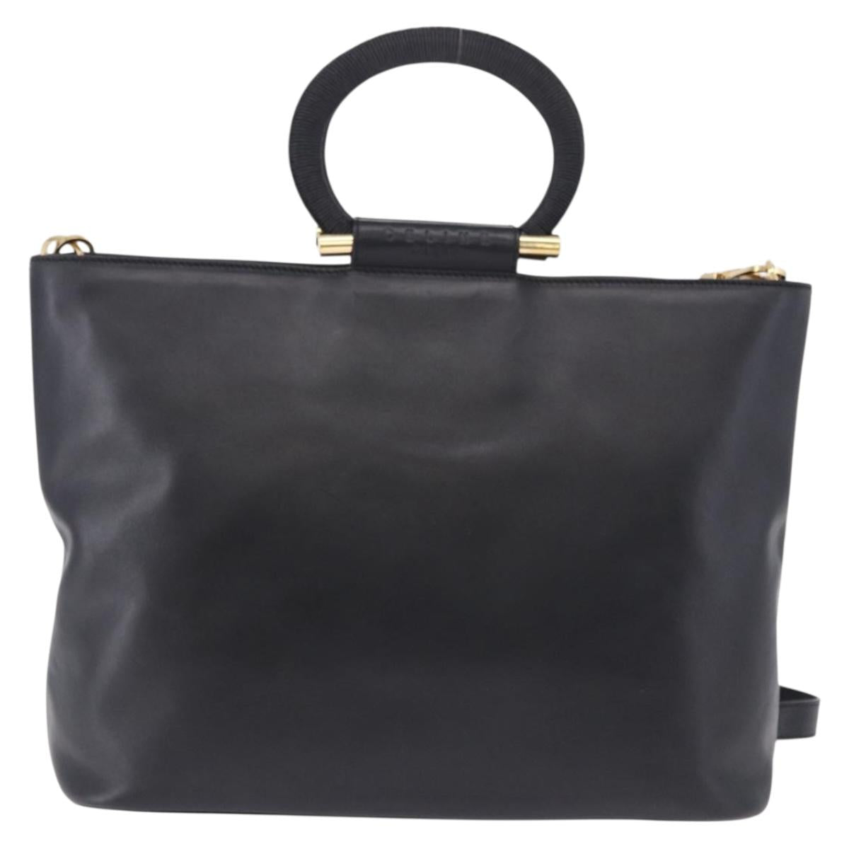 CELINE Hand Bag Leather 2way Black Gold Tone Auth ka5384V