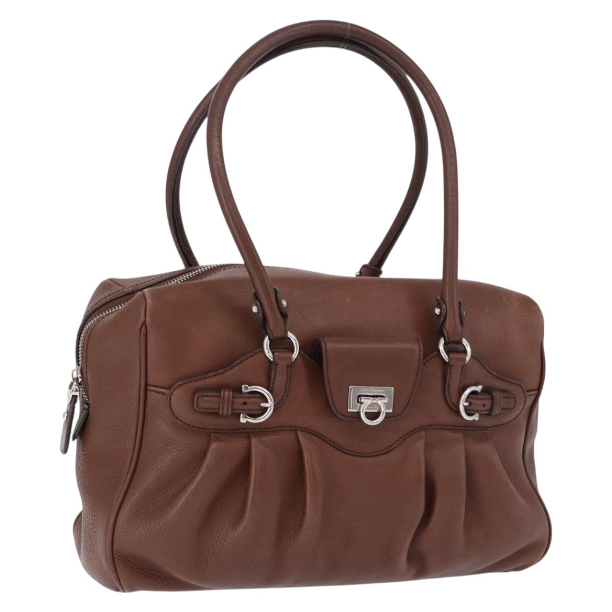 Salvatore Ferragamo Gancini Hand Bag Leather Brown Silver Auth ka5385A