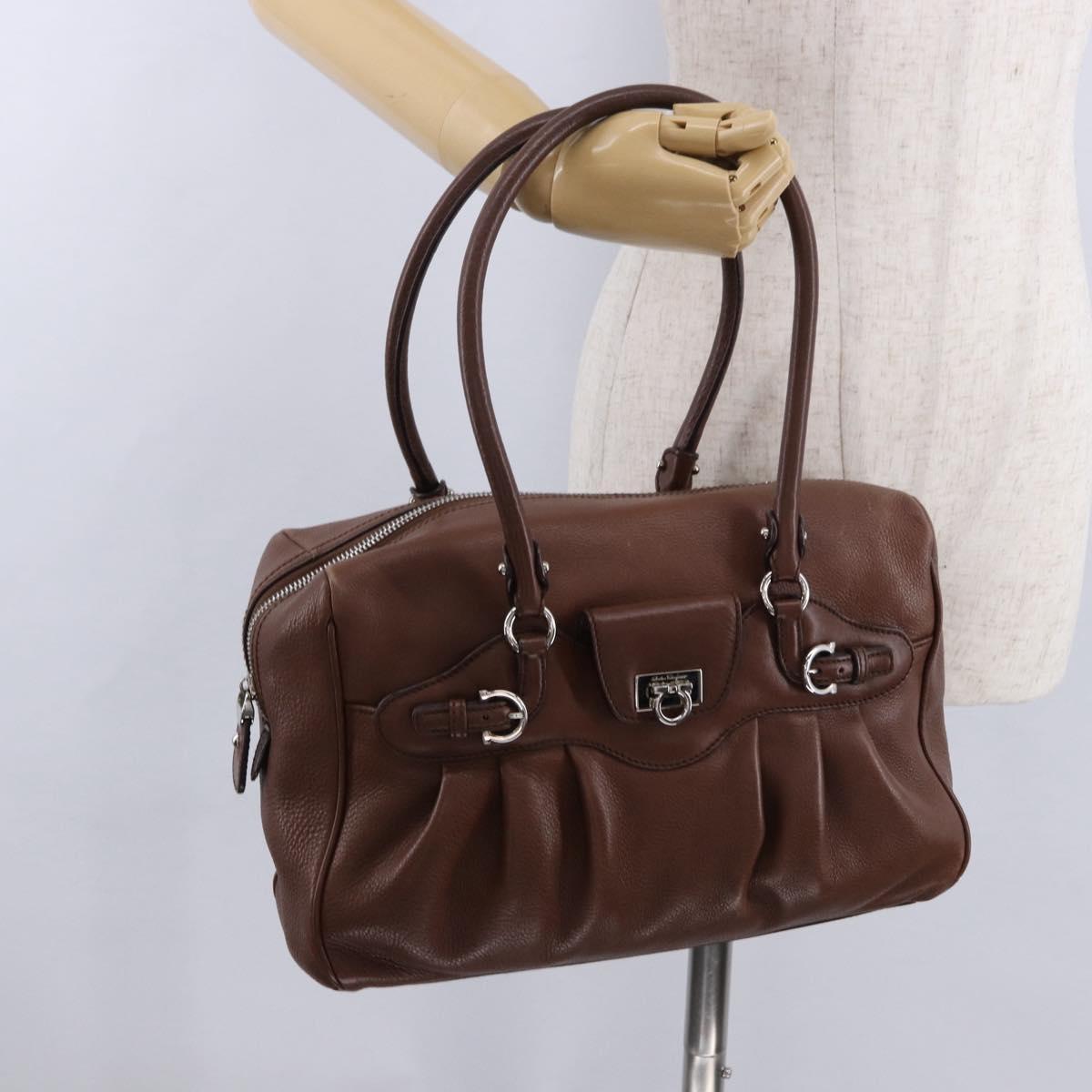 Salvatore Ferragamo Gancini Hand Bag Leather Brown Silver Auth ka5385A