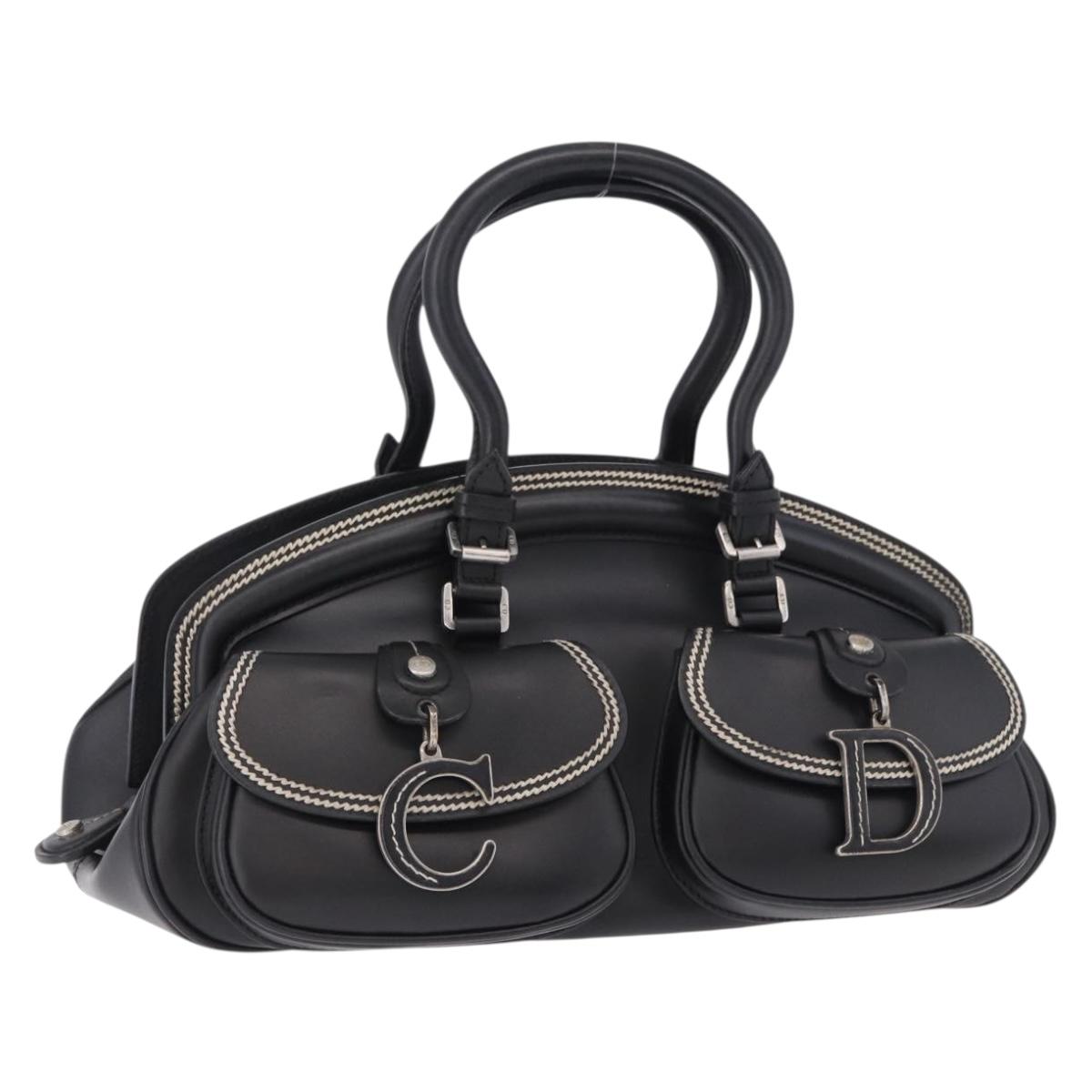 Christian Dior Hand Bag Leather Black Silver Auth ka5389M