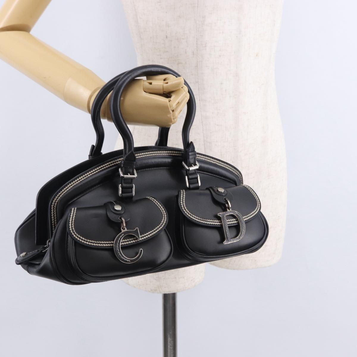 Christian Dior Hand Bag Leather Black Silver Auth ka5389M