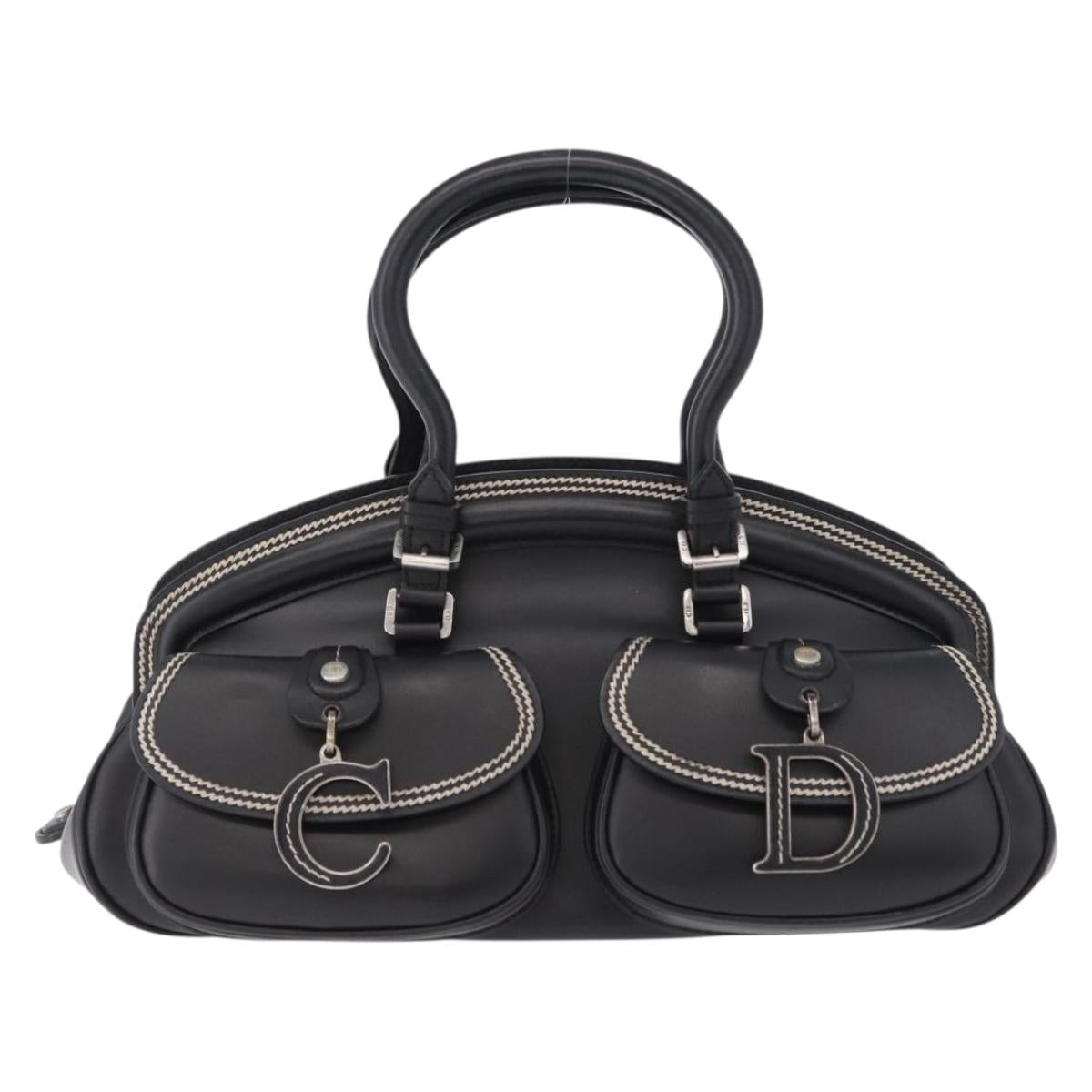 Christian Dior Hand Bag Leather Black Silver Auth ka5389M