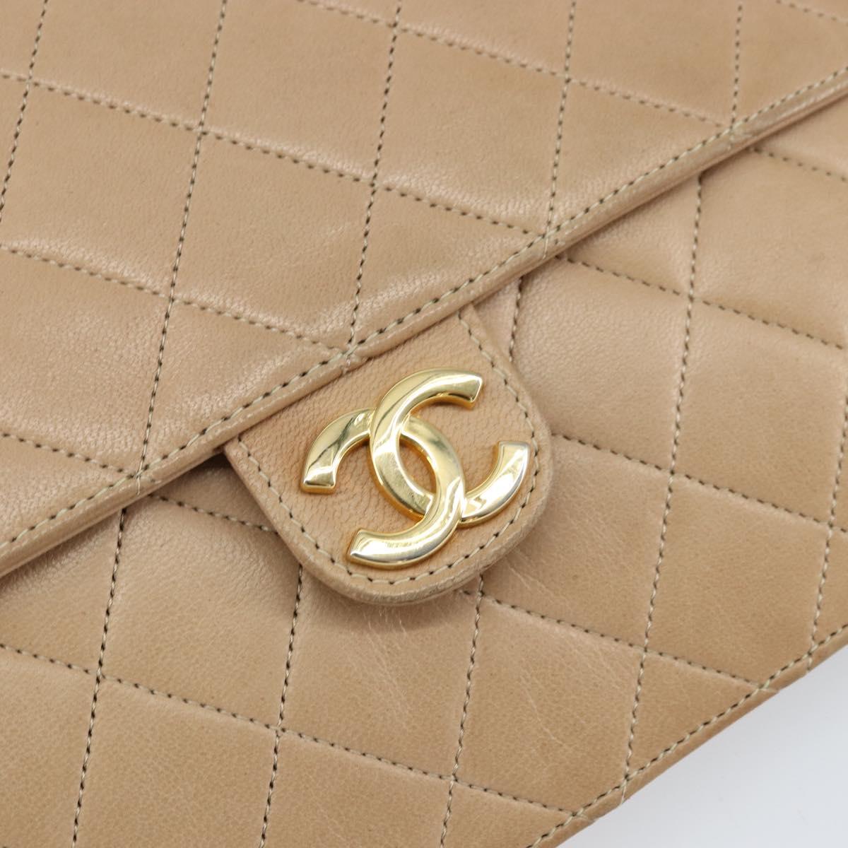 CHANEL Matelasse Chain Shoulder Bag Lamb Skin Beige Gold CC Auth ka539