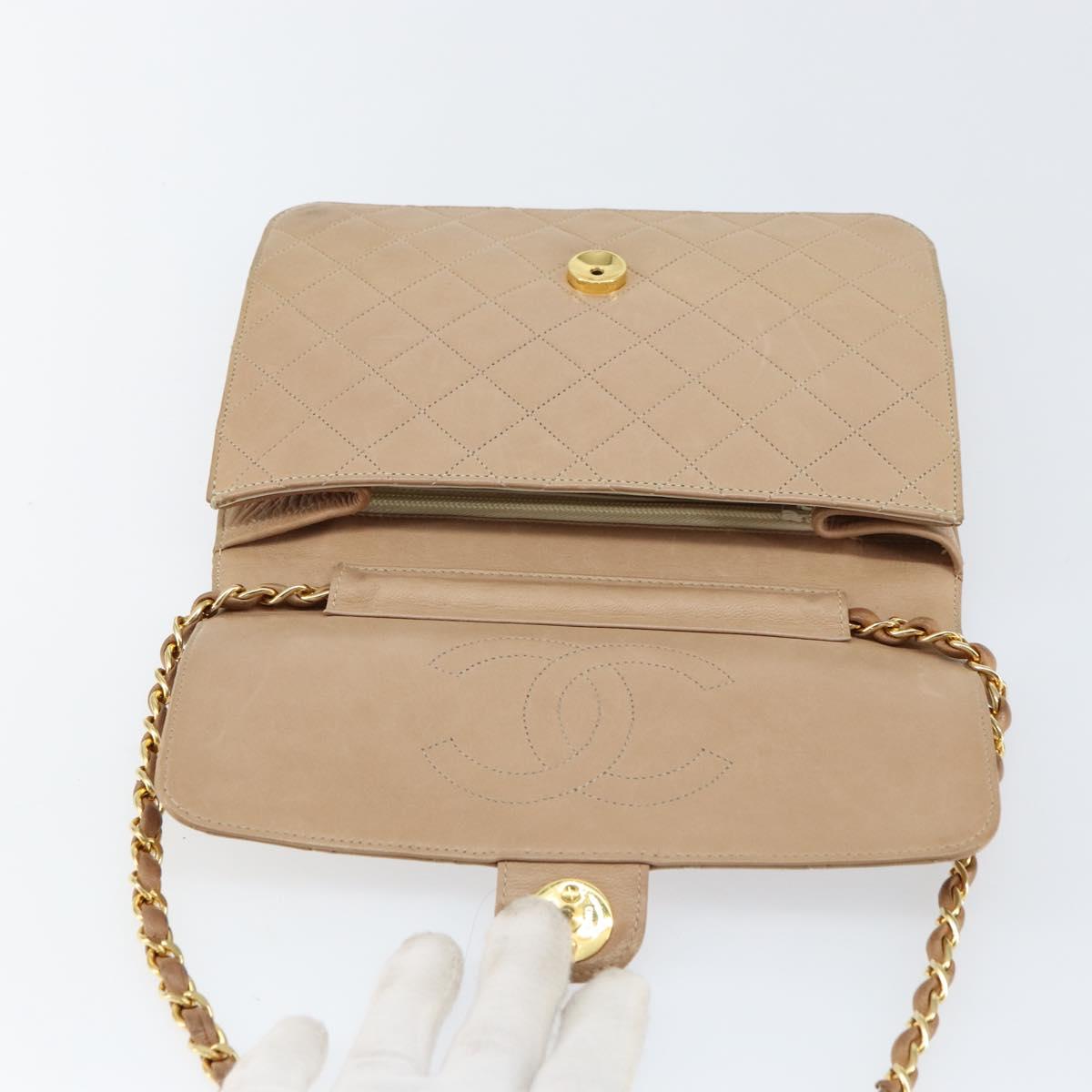 CHANEL Matelasse Chain Shoulder Bag Lamb Skin Beige Gold CC Auth ka539