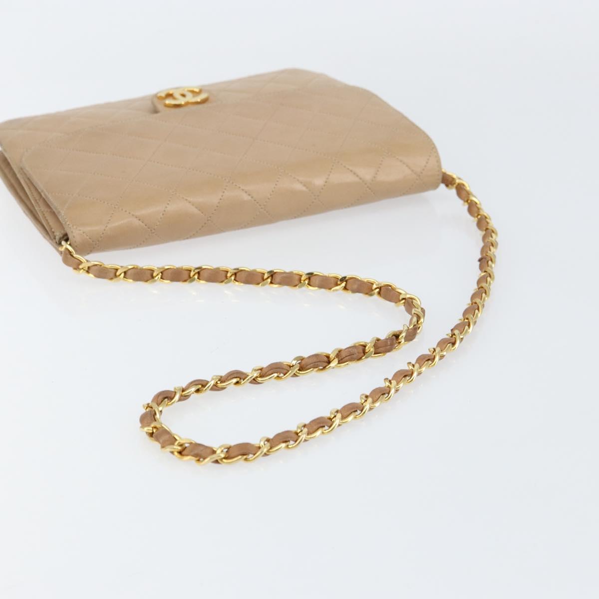 CHANEL Matelasse Chain Shoulder Bag Lamb Skin Beige Gold CC Auth ka539