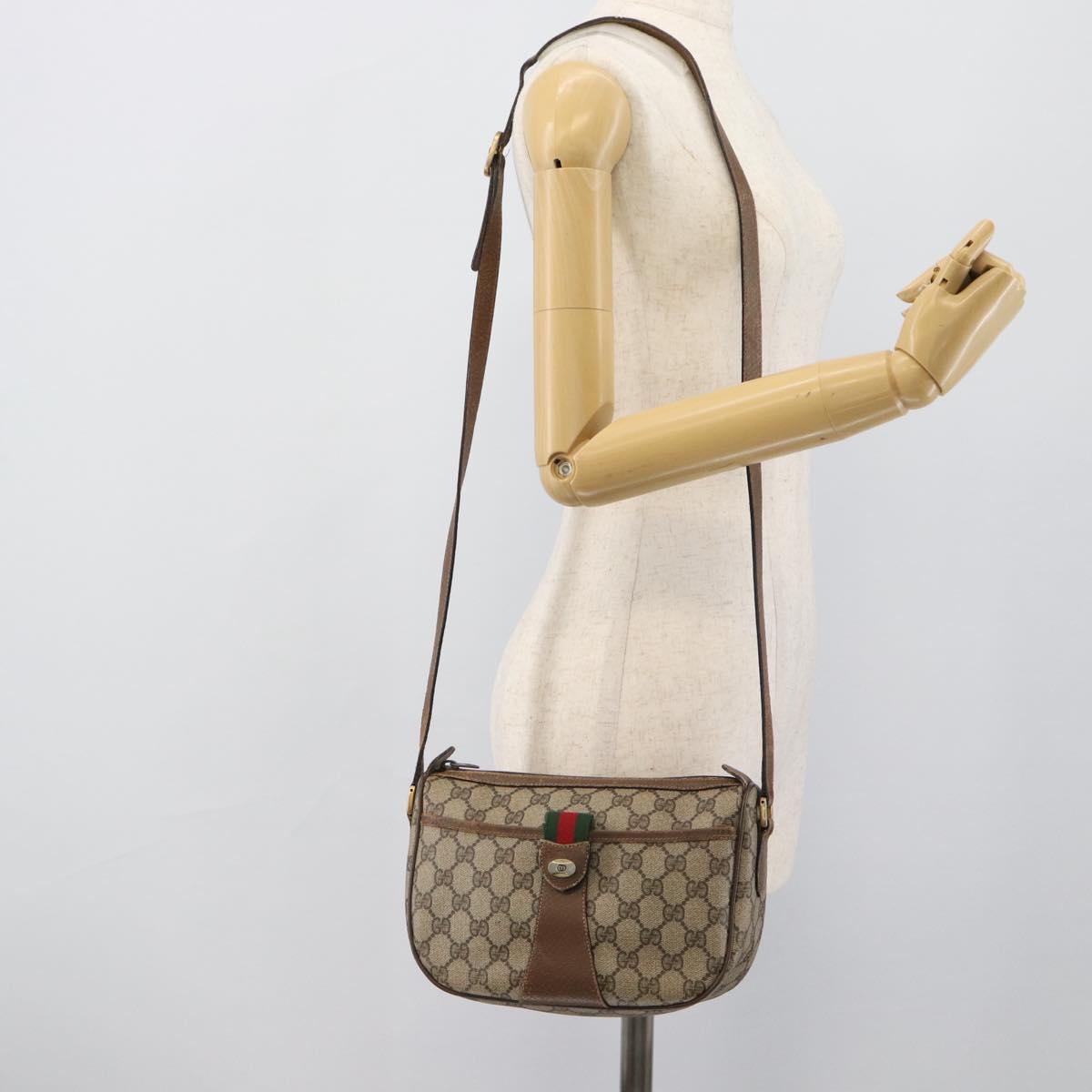 GUCCI GG Supreme Web Sherry Line Shoulder Bag PVC Leather Beige Gold Auth ka5390