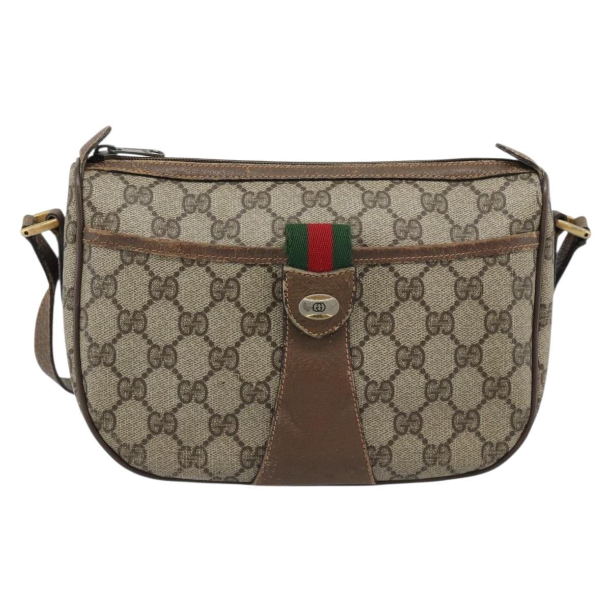 GUCCI GG Supreme Web Sherry Line Shoulder Bag PVC Leather Beige Gold Auth ka5390