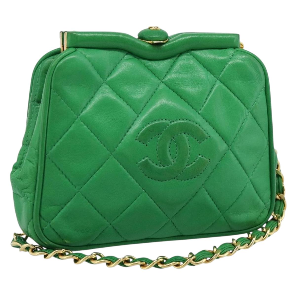 CHANEL COCO Mark Matelasse Chain Shoulder Bag Lamb Skin Green Gold Auth ka5394V