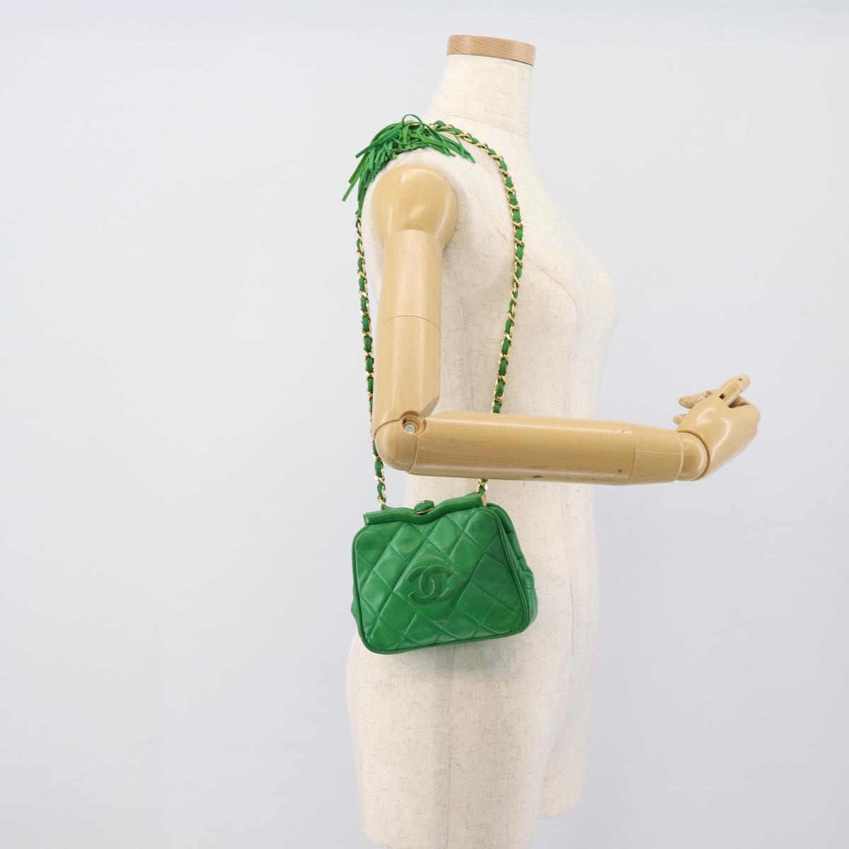 CHANEL COCO Mark Matelasse Chain Shoulder Bag Lamb Skin Green Gold Auth ka5394V