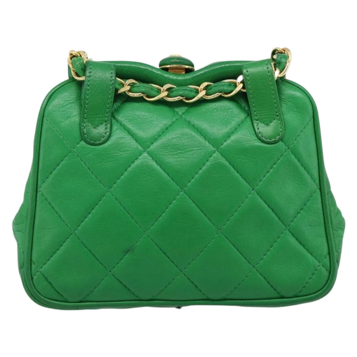 CHANEL COCO Mark Matelasse Chain Shoulder Bag Lamb Skin Green Gold Auth ka5394V