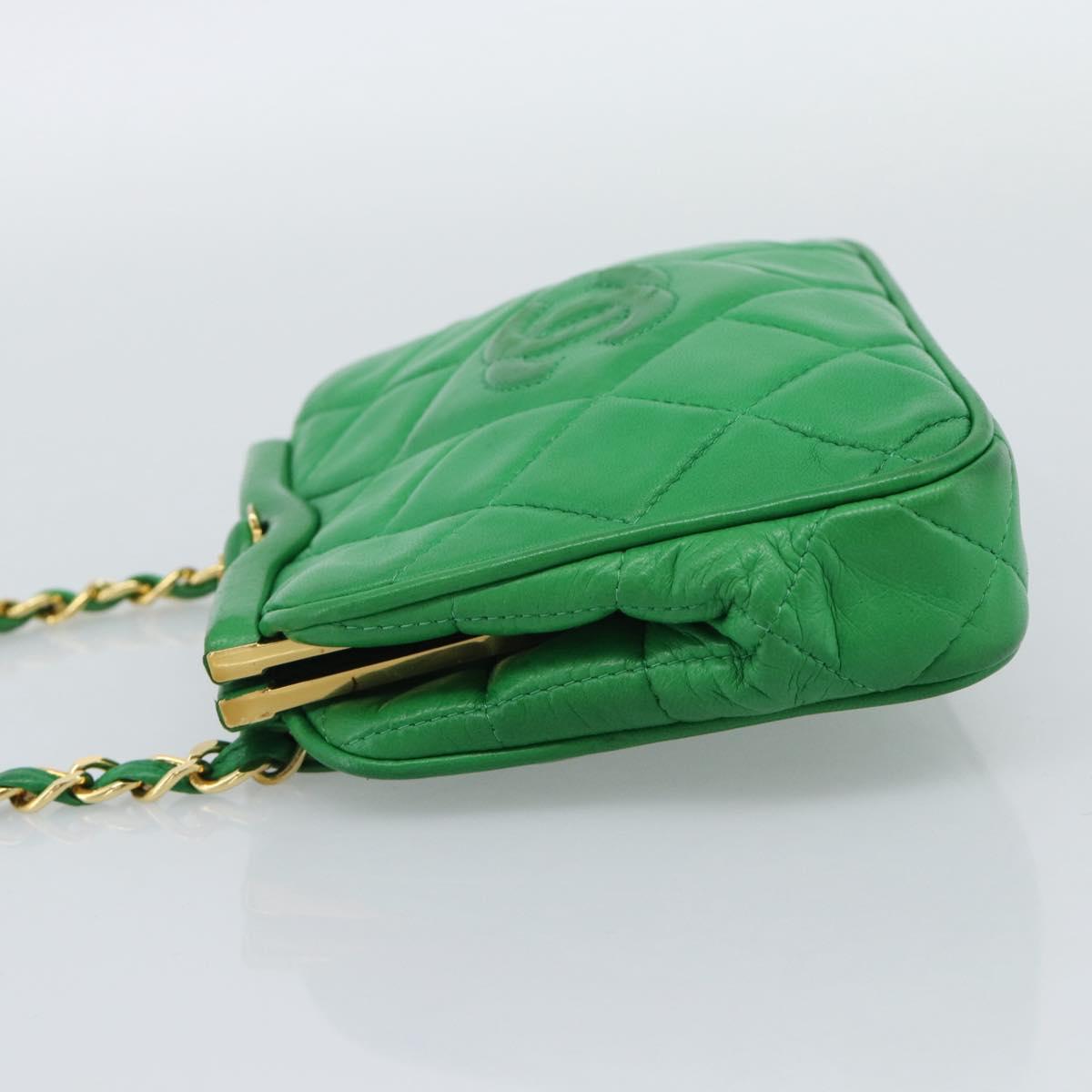 CHANEL COCO Mark Matelasse Chain Shoulder Bag Lamb Skin Green Gold Auth ka5394V