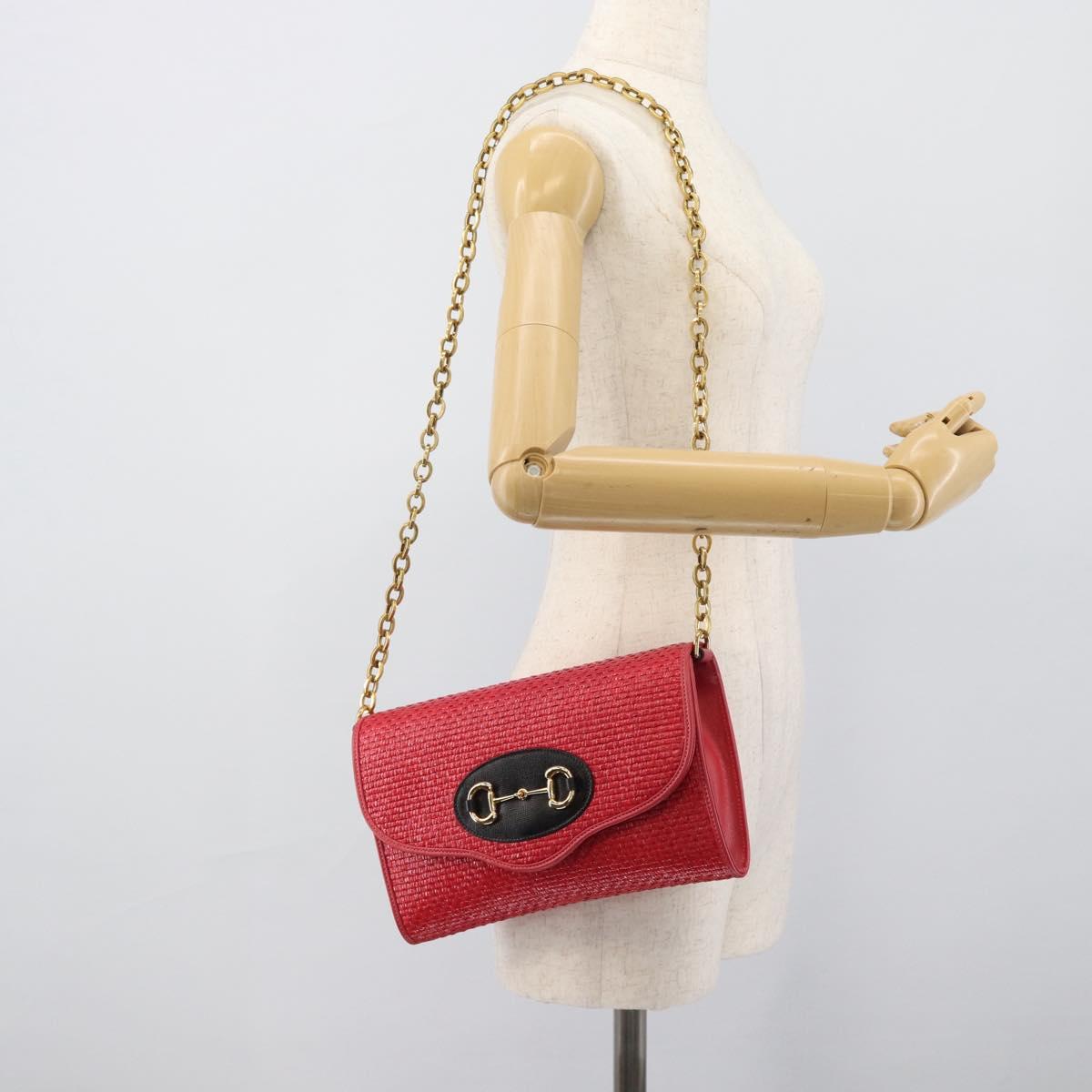 GUCCI Horsebit Chain Shoulder Bag Leather Red Gold Tone 655667 Auth ka5396V