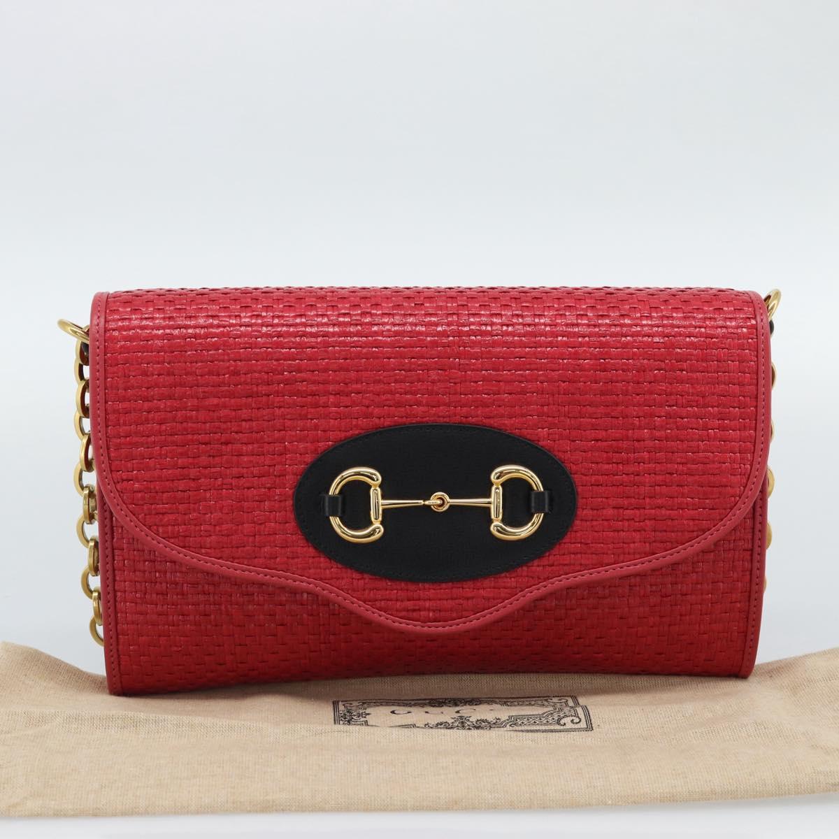 GUCCI Horsebit Chain Shoulder Bag Leather Red Gold Tone 655667 Auth ka5396V
