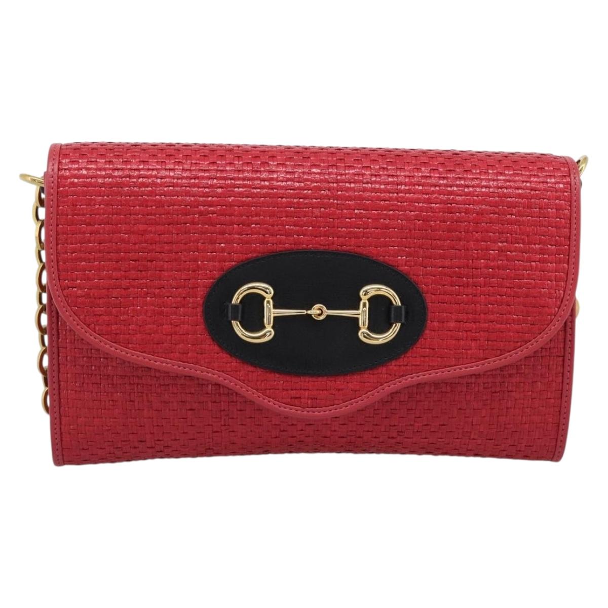 GUCCI Horsebit Chain Shoulder Bag Leather Red Gold Tone 655667 Auth ka5396V
