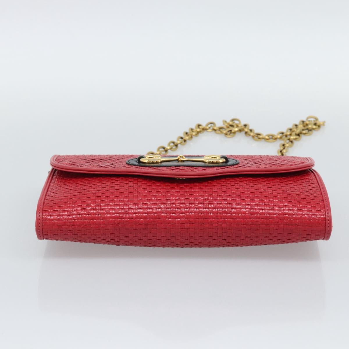 GUCCI Horsebit Chain Shoulder Bag Leather Red Gold Tone 655667 Auth ka5396V