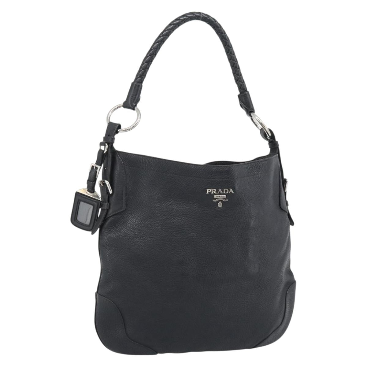 PRADA Shoulder Bag Leather Black Silver Auth ka5401V