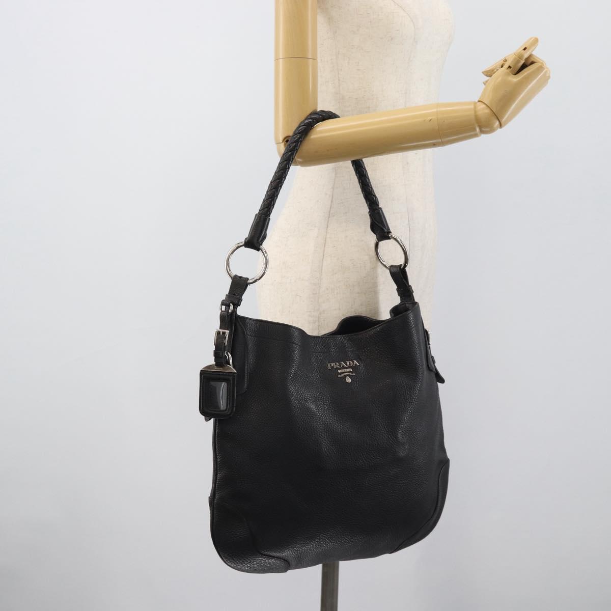 PRADA Shoulder Bag Leather Black Silver Auth ka5401V