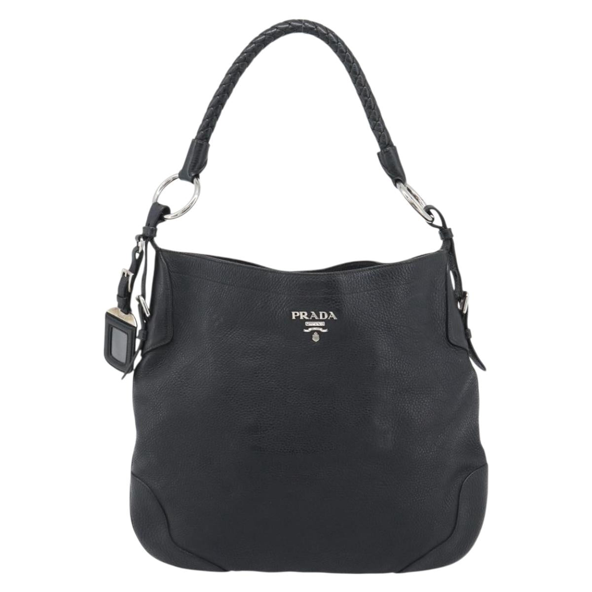 PRADA Shoulder Bag Leather Black Silver Auth ka5401V
