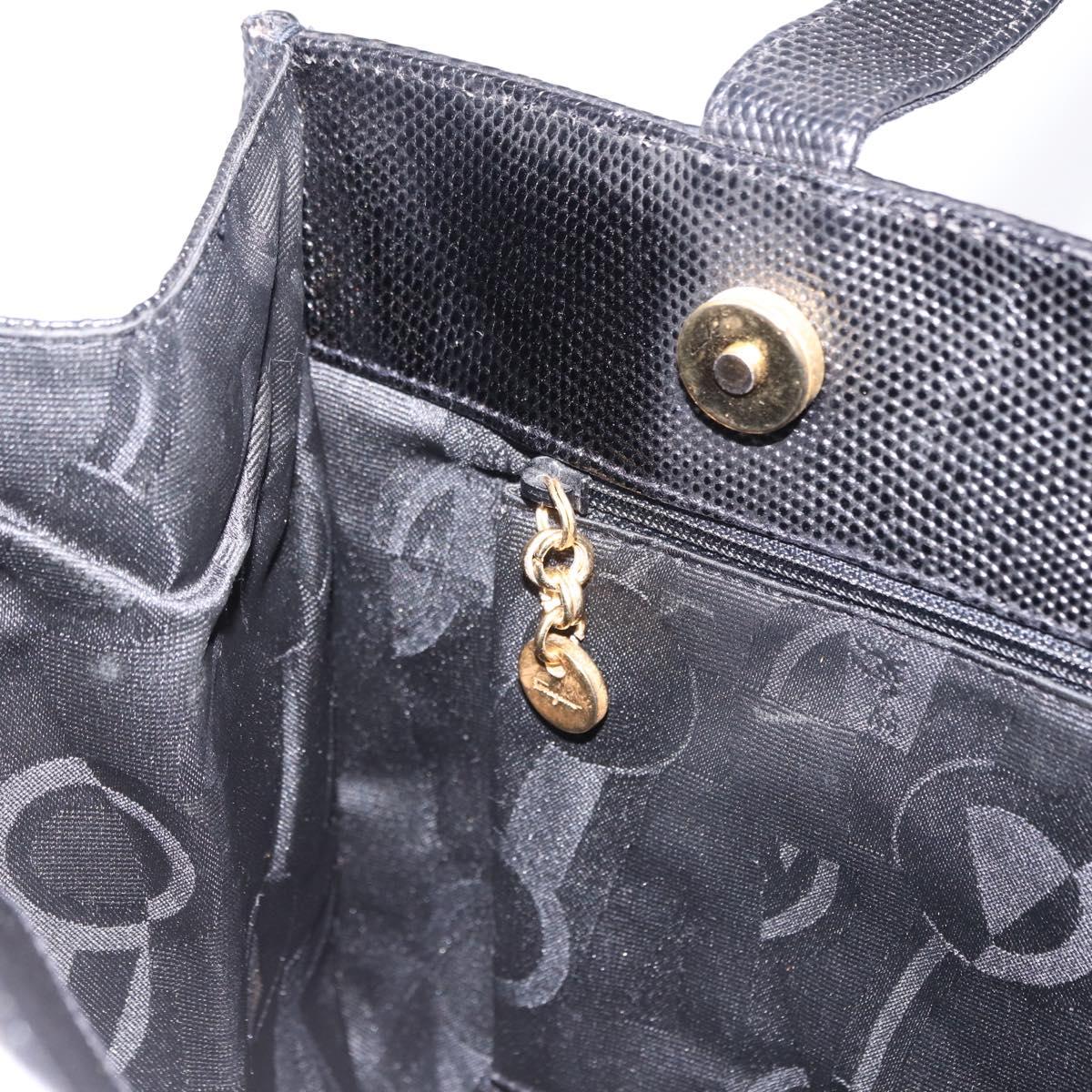Salvatore Ferragamo Vala Ribbon Tote Bag Leather Black Gold Tone Auth ka5406A