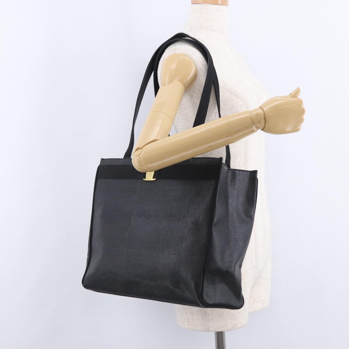 Salvatore Ferragamo Vala Ribbon Tote Bag Leather Black Gold Tone Auth ka5406A